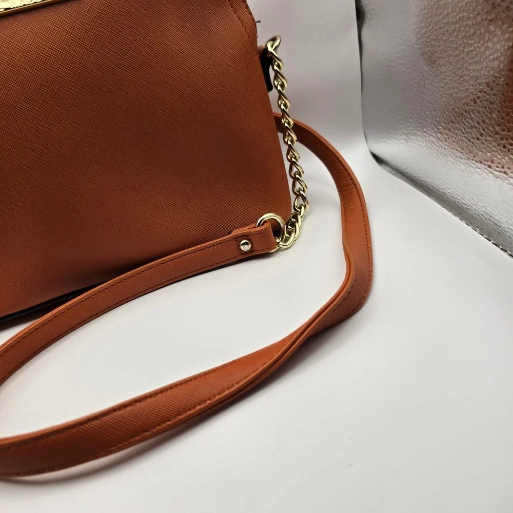 Steve Madden Cognac Saffiano Faux Leather Dome Crossbody Bag Gold Chain Strap